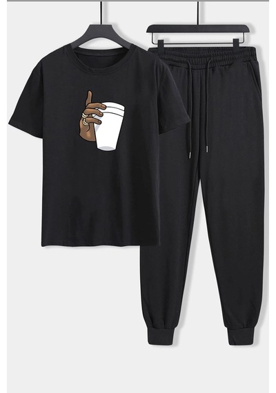 Uyguntarz Unisex Tupac Coffee 2'li Eşofman Takımı Siyah