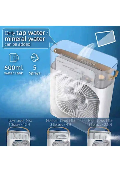 Su Buharlı Mini Masaüstü Vantilatör 3 Kademe 7 Renk Led 500 Ml Su Hazneli Masaüstü Soğutucu Fan