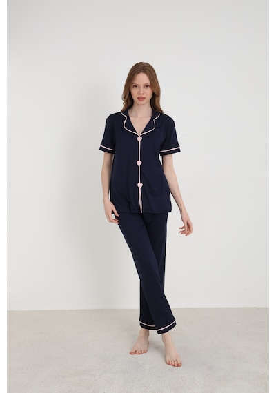 Bamboo Örme Kalp Nakışlı Kadın Pijama Takımı Lacivert