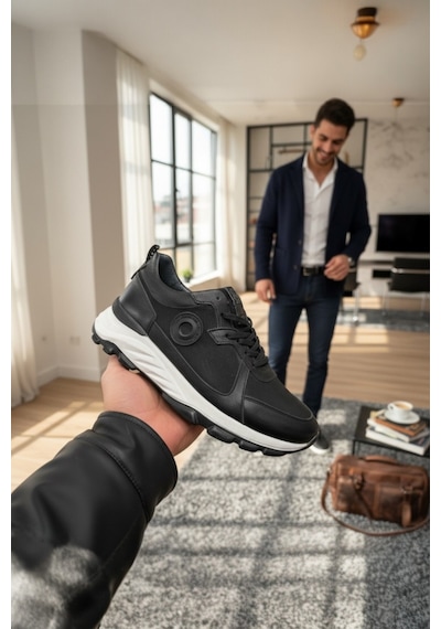 Enoch Hakiki Deri Logolu Yüksek Taban Erkek Sneaker Ayakkabı Ortopedik Taban Siyah