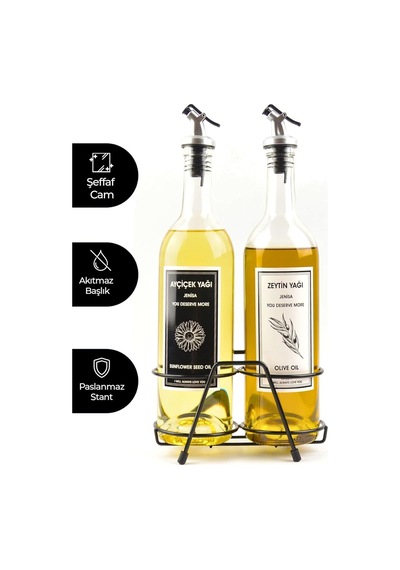 Şeffaf 750 Ml Siyah Beyaz Etiketli Siyah Standlı Akıtıcılı Yağlık Yağdanlık Diğer