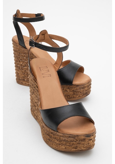Luvishoes Luvi Shoes Elsıe Siyah Cilt Hakiki Deri Kadın Dolgu Topuklu Sandalet Siyah Deri