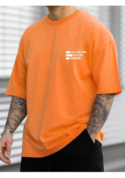 Flood Of Style Unisex Oversize Follow Freedom Baskılı T-shirt Turuncu