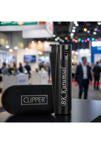 Bk Kurumsal Firma İsimli Siyah Clipper Çakmak 10 Adet Metal Gövdeli Hediye Kutulu