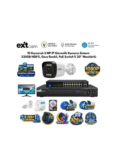 10 Kameralı 5 Mp Ip Güvenlik Kamera Sistemi 320gb Hdd'li, Gece Renkli, Poe Switch'li - 20 İnç Monitö