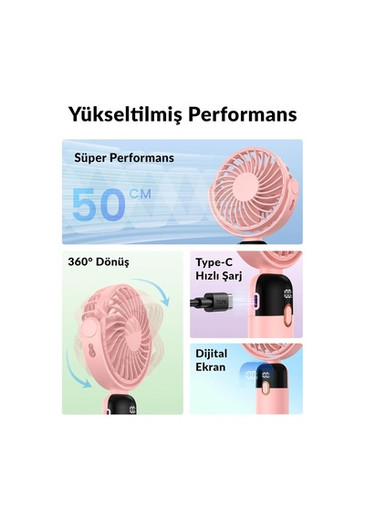 Warmco K70 Taşınabilir Şarjlı El Vantilatörü 2400mah 360 Döner Başlıklı Ve Standlı Dijital Ekranlı Soğutu
