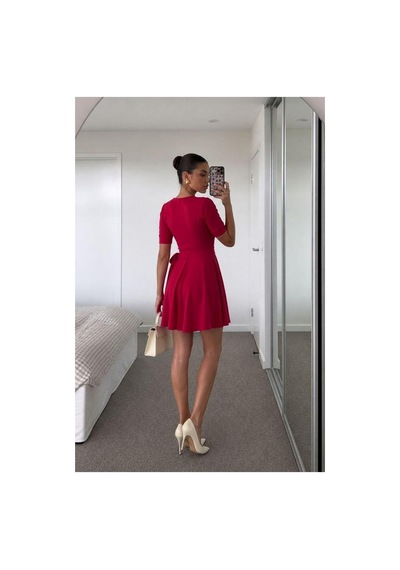 Store V Yaka Mini Elbise Kollu Kısa Kuşaklı Kırmızı - 935901556 Kırmızı