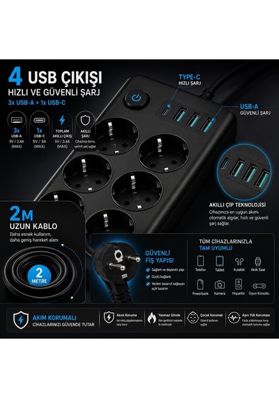 Smaylıng 10 Lu Akım Korumalı Priz 3680w 3 Usb-a + 1 Usb-c Girişli Çoklu Grup Priz Anahtarlı 2 Metre Uzatma Kablosu Çocuk Korumalı Çoklu Priz Siyah