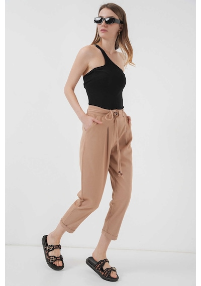 Bigdart Gabria Kemerli Duble Paça Keten Pantolon Camel