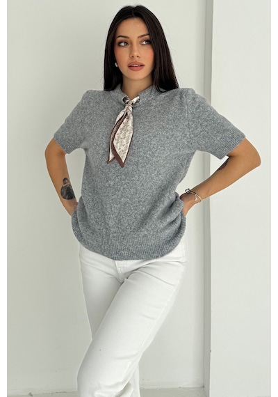 Noa & Noa Kadın Kısa Kollu Fular Detaylı Triko Kazak Soft Elegance Gri