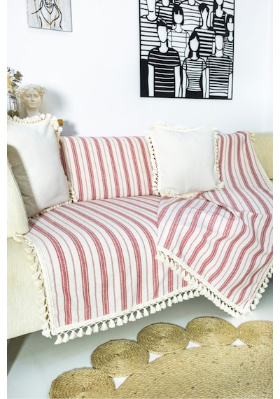 Dnc Home Tekstil Ndchome Bordo Çizgili Ham Ponponlu Otantik Koltuk Örtüsü Koltuk Şalı