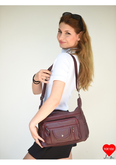 Jara Bag Pera Kadın Çapraz Çanta Yumuşak Dokulu, 7 Bölmeli Ve Geniş Kullanım Alanı Bordo