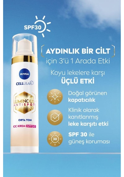Luminous630 Koyu Leke Karşıtı Cc Yüz Kremi 40ml, Spf30 Güneş Koruyucu, Hyaluronik Asit, Orta Ton Krem