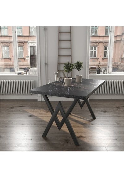 Avvio 80x120 Serap Tel Kafes 4 Kişilik Siyah Mermer Görünümlü Mutfak Masası Yemek Masası Cafe Masası