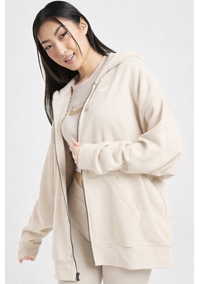 Nike Sportswear Essentials Oversize Fleece Full Zip Hoodie Kadın Oversize Kapüşonlu Sweatshirt Krem Krem