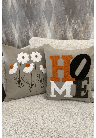 2 Li Dekoratif Kırlent Kılıfı Home Yazılı Papatya Desenli Modern Bohem Salon Bej Bej