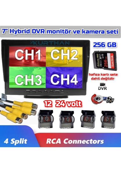 256 Gb 4 Adet Metal Kasa Kamera Ve 7'' Hybrid Dvr Set 12-24 Volt