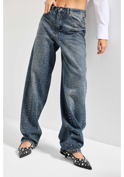 Itsbasic Kadın T.kot 2w48 Rengi Taş Detaylı Skater Fit Tasarım Denim Jean Kırmızı
