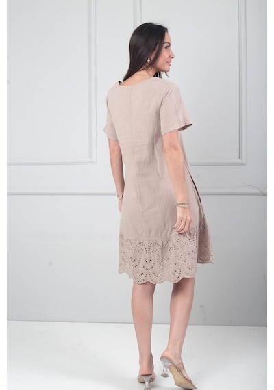By Saygı Kadın İtalyan Kısa Kollu Eteği Fisto Astarlı Cepli Cotton Midi Elbise Bej