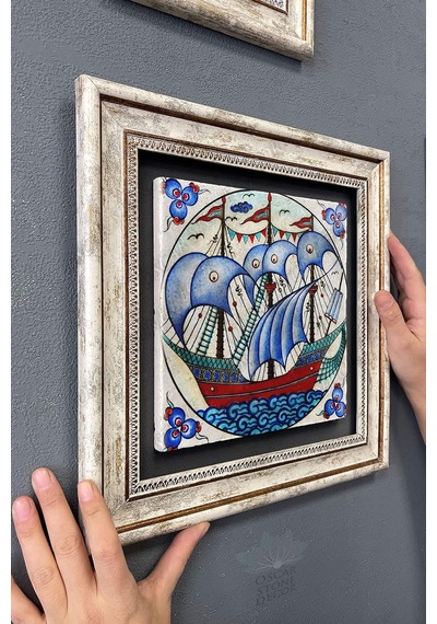 Oscar Stone Decor Çerçeveli Tablo Taş Duvar Dekoru 30 X 30 Cm Çini Seramik Gemi Figürlü Tablo Diğer