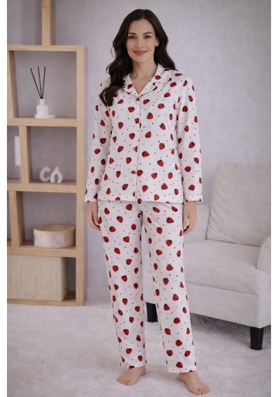 Pemilo Kadın 7113 Yakalı Düğmeli Uzun Kol Pijama Takımı Beyaz