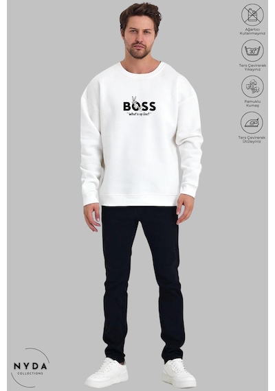 Unisex Bugs Bunny Baskılı Bisiklet Yaka Kapüşonsuz Şardonlu Oversize %100 Pamuk Penye Sweatshirt Beyaz