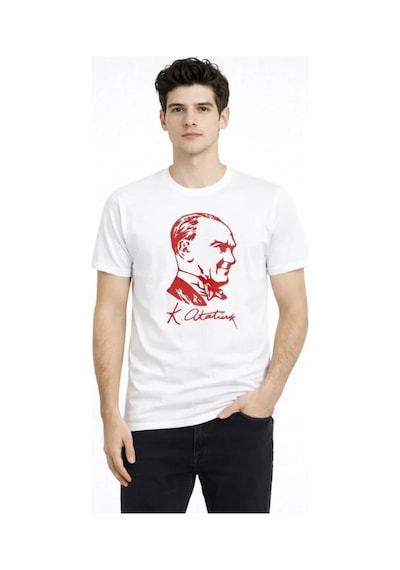 Biçomi Gün Boyu Nefes Alan Rahat Kesim Atatürk Baskılı Beyaz Erkek Tişört