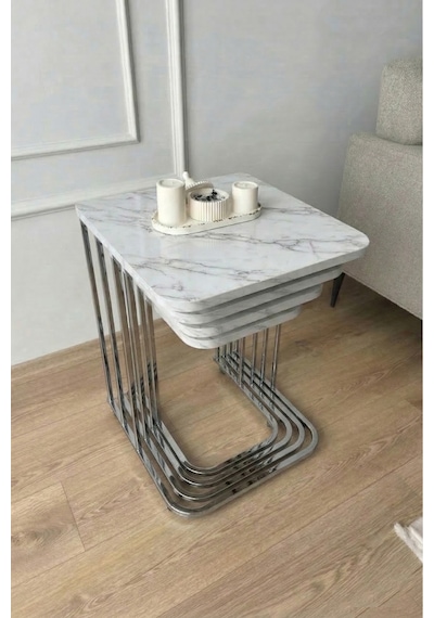 4 Lü Metal Ayak Sehpa Mermer Desenli Çok Renkli