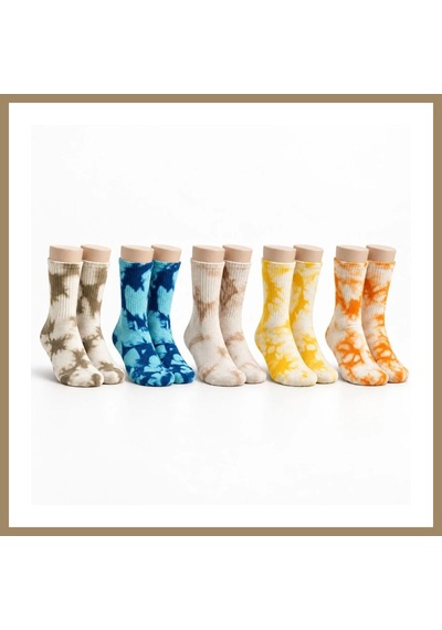 Bezos Unisex Batik Desenli Çorap 5'li Set Pamuklu Renkli Uzun Soket Dikişsiz Nefes Alan Günlük Spor Çorabı 22 Çok  Renkli