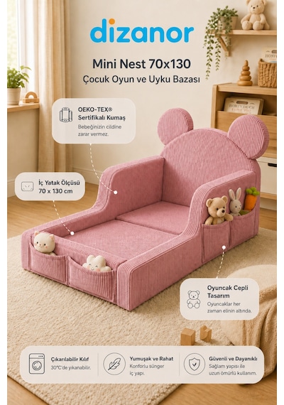 Dizanor Mini Nest 6'sı 1 Arada Bebek Oyun Parkı ve Park Yatak Pembe Fitilli 70 X 130