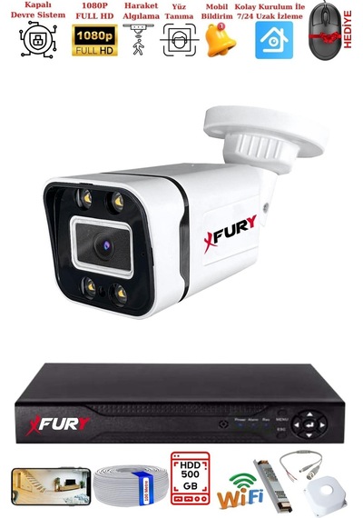 Fury 1 Kameralı 1080p Görüntü Gece Renkli Full Hd 4 X Ultra Led Gece Renkli Güvenlik Kamerası Seti 500gb