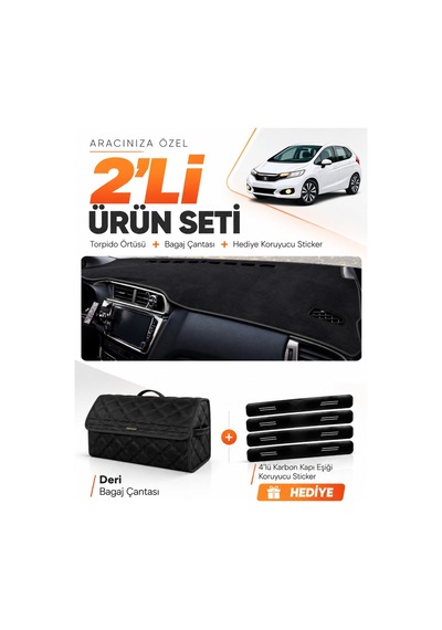 E-biz Honda Jazz 2018-2020 Uyumlu Torpido Örtüsü + Deri Bagaj Çantası Seti - Siyah - Ho019