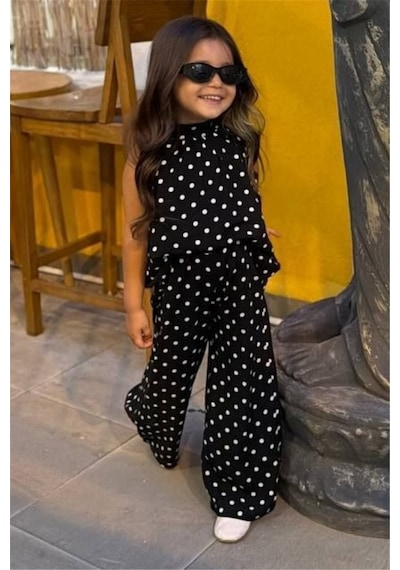 Noble Kids Kız Çocuk Puantiyeli Bluz Ve Pantolon Takım Siyah