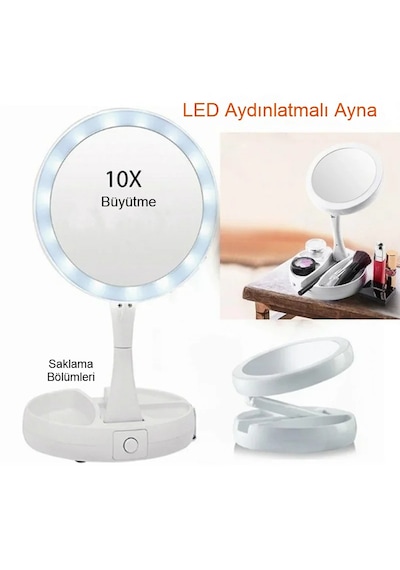Led Işıklı 10x Katlanır Hafif Çift Yönlü Usb Şarjlı Makyaj Aynası