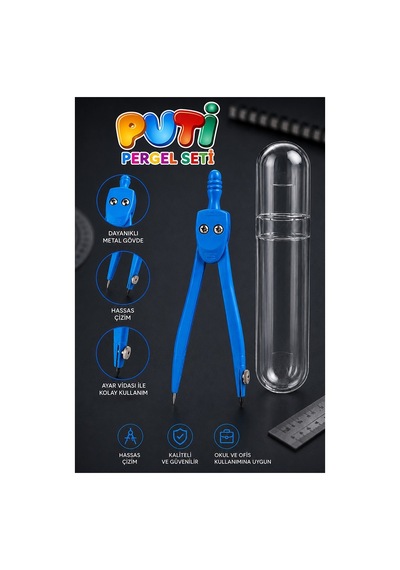 Mavi Metal Pergel 1 Adet Puti 1574 Koruma Kutulu Metal Pergel Grafit Uçlu Mekanik Pergel Matematik Teknik Mimari Çizim