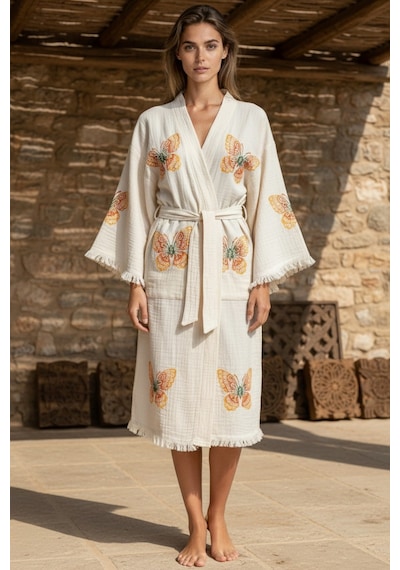 Varol Organik %100 Pamuk Kimono Yaka Sabahlık Bornoz - Kelebek Krem