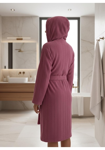 Saten Çizgili Unisex Pamuklu Bornoz Mürdüm