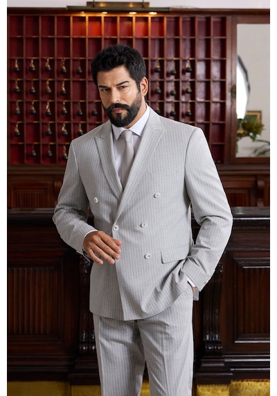 Ac&co Erkek Acık Grı Ekstra Slim Fit Kırlangıç Yaka Çizgili Takım Elbise Açık Gri