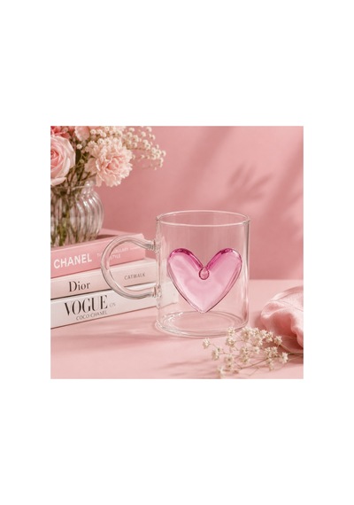 Kalp Detaylı Cam Kupa Bardak 375 Ml 3 Boyutlu Pembe Kalpli Şeffaf Kahve Fincanı Borosilikat Görünümlü Estetik Tasarım Çay Kahve Kupası Pembe