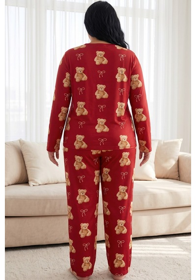 Siyah İnci Desenli Termal Kumaşlı Ultra Soft Yumuşak Büyük Beden Battal Boy Örme Pijama Takımı 26226720 Kırmızı