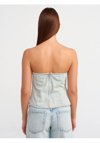 Dilvin Yanları Büzgülü Denim Büstiyer Tint