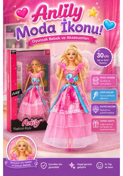 Anlily 30 Cm Moda İkonu Pembe Elbiseli Oyuncak Bebek
