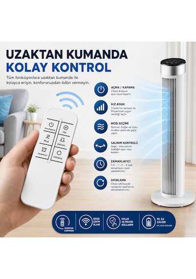 Amazon Başlık 39 İnç Kule Tipi Vantilatör, Uzaktan Kumandalı, 45w Güçlü Motor, 3 Hız Kademesi, 3 Modlu, Led Dokunmatik Ekran, Salınımlı, Sessiz Çalışma, 7.5 Saat Zamanlayıcı, Beyaz