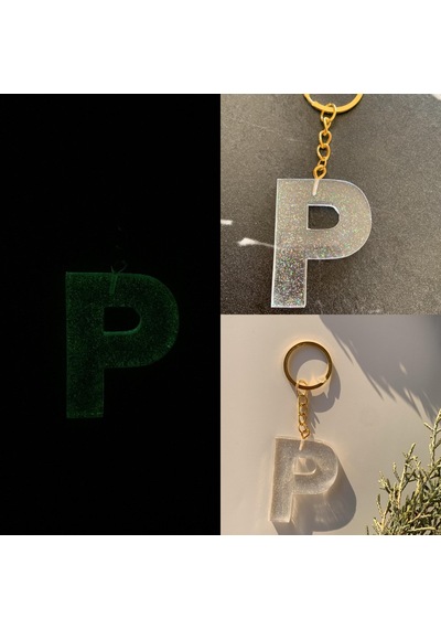 P Harfi Fosforlu Neon Yeşil Renk Parlak Simli Gold Aksesuarlı Anahtarlık
