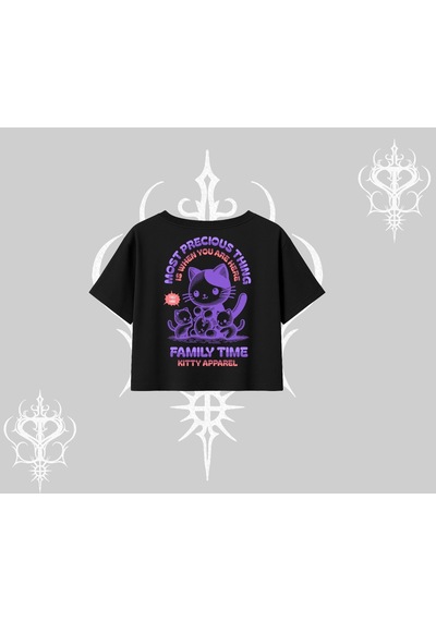 Startmore Startmore Family Time Yazılı Sevimli Anne Kedi Arka Baskılı Oversize Crop Tshirt Siyah