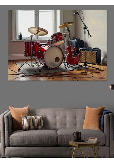Kırmızı Bateri Seti Ve Müzik Dekoratif Kanvas - Mdf Ahşap Tablo