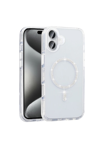 Apple Uyumlu iPhone 16 Kılıf Taşlı Tasarım M-safe Şarj Özellikli Zore Koment Silikon Kapak Gümüş