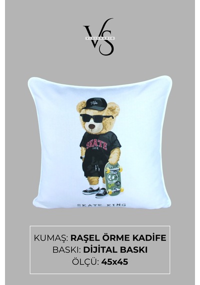 Kırlent Kılıfı Ayıcık Desenli 45x45 Raşel Örme Kadife Çift Taraflı Dijital Baskı Beyaz Biyeli - 04 Beyaz