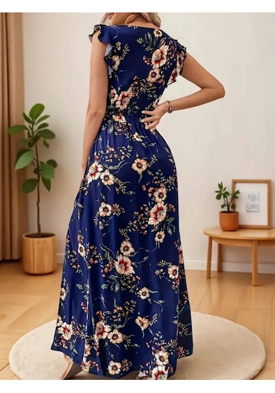 Efnaz Style Kadın Kısa Kollu V Yakalı Yırtmaçlı Çiçek Desenli Süprem Elbise Lacivert