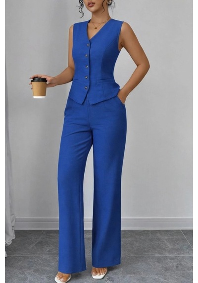Defymoda Kadın Askılı Önden Düğmeli Bluz Ve Pantolon Keten Ikili Takım Mavi